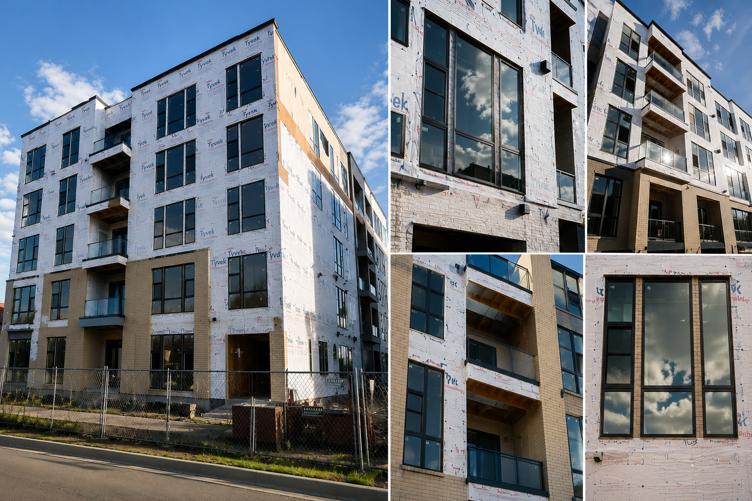 Multi-story residential building with glass balcony railings